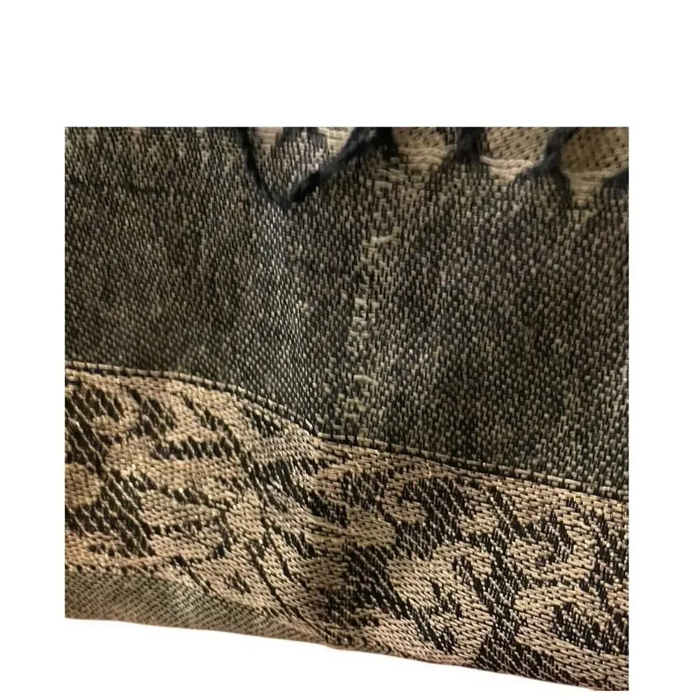 Women's Scarf Pashmina  Gold Green Brown Paisley Fringe 27